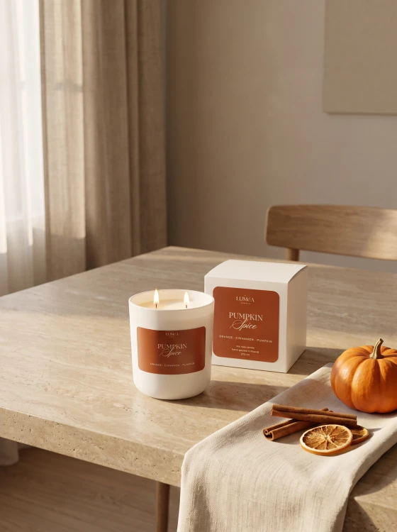 Pumpkin Spice – jesienna świeca zapachowa z dynią Świeca zapachowa Pumpkin Spice Luméa Candle 270 ml Świeca sojowa o aromacie pomarańczy, dyni i cynamonu