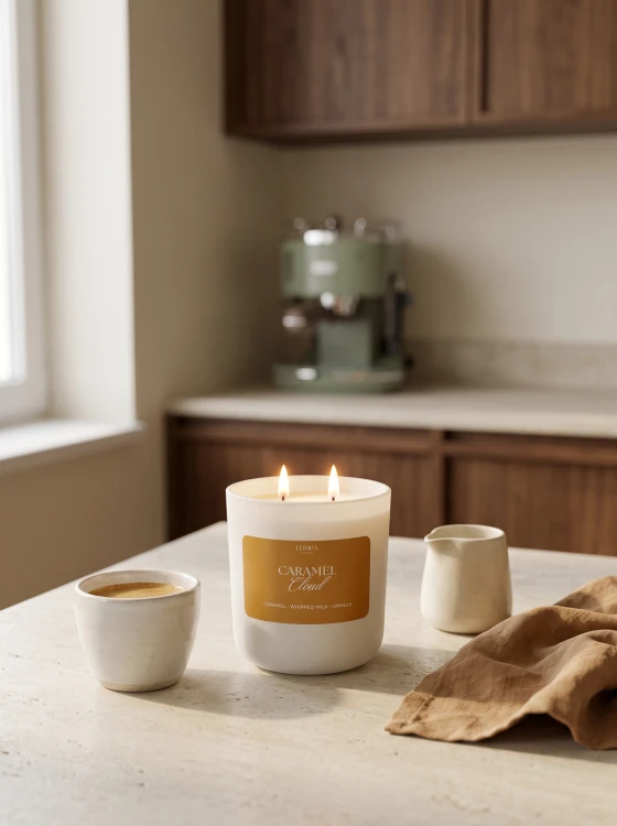 Caramel Cloud – karmelowa świeca zapachowa z wanilią Świeca zapachowa Caramel Cloud Luméa Candle 270 ml Świeca sojowa o aromacie karmelu, mlecznej pianki i wanilii