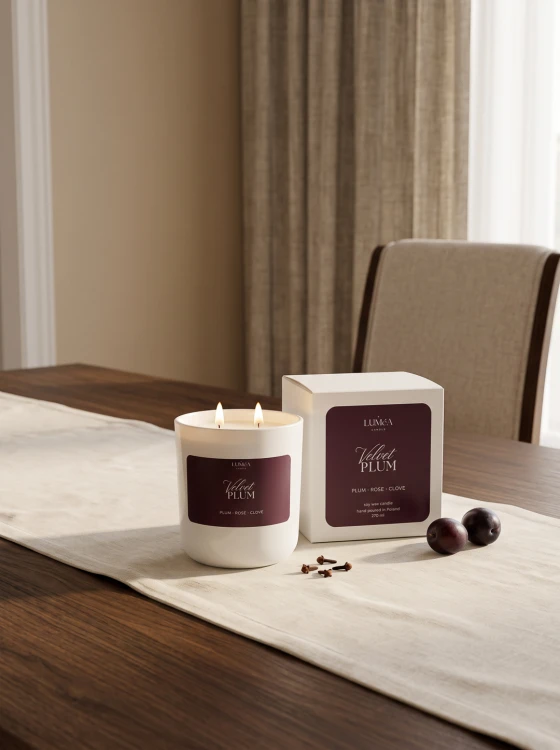 Velvet Plum – świeca zapachowa o aromacie śliwki Jesienna świeca Velvet Plum Luméa Candle 270 ml Świeca sojowa o zapachu śliwki, róży i goździków