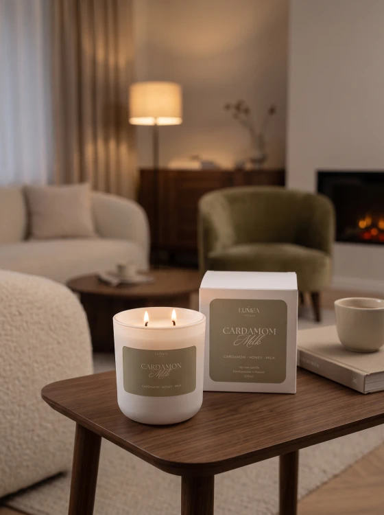 Cardamom Milk – świeca zapachowa z kardamonem i miodem Jesienna świeca Cardamom Milk Luméa Candle 270 ml Świeca sojowa o aromacie kardamonu, miodu i mleka