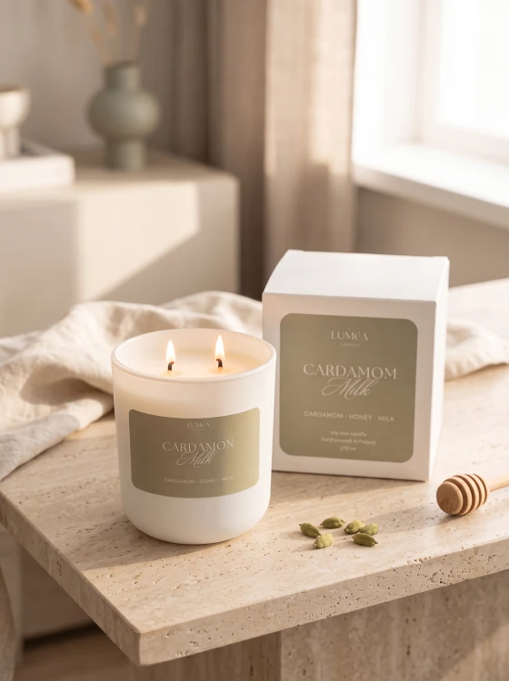 Cardamom Milk – świeca zapachowa z kardamonem i miodem Jesienna świeca Cardamom Milk Luméa Candle 270 ml Świeca sojowa o aromacie kardamonu, miodu i mleka