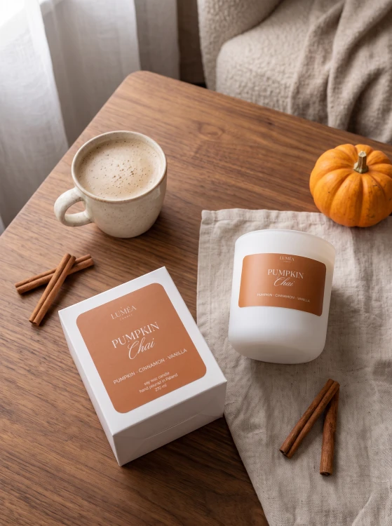 Pumpkin Chai – jesienna świeca zapachowa z dynią i cynamonem Świeca zapachowa Pumpkin Chai Luméa Candle 270 ml Świeca sojowa o aromacie dyni, cynamonu i wanilii