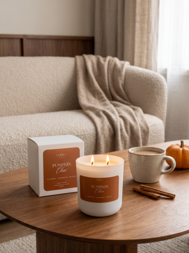 Pumpkin Chai – jesienna świeca zapachowa z dynią i cynamonem Świeca zapachowa Pumpkin Chai Luméa Candle 270 ml Świeca sojowa o aromacie dyni, cynamonu i wanilii