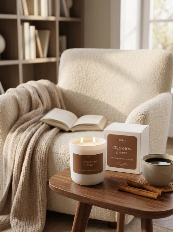Cinnamon Creme – jesienna świeca zapachowa z cynamonem Świeca zapachowa Cinnamon Creme Luméa Candle 270 ml Świeca sojowa o zapachu cynamonu, wanilii i karmelu